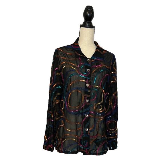 INDIGO MOON Tunic Top Women Black Medium Cotton Blouse Sheer with Sequins - Picture 2 of 6